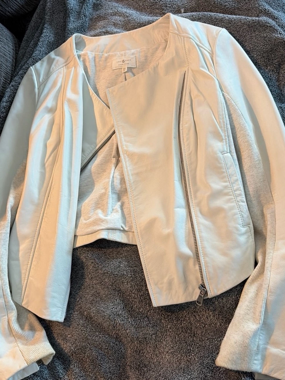 Lou & Grey Cream Leather Moto Jacket with Knit Sleeve Panels